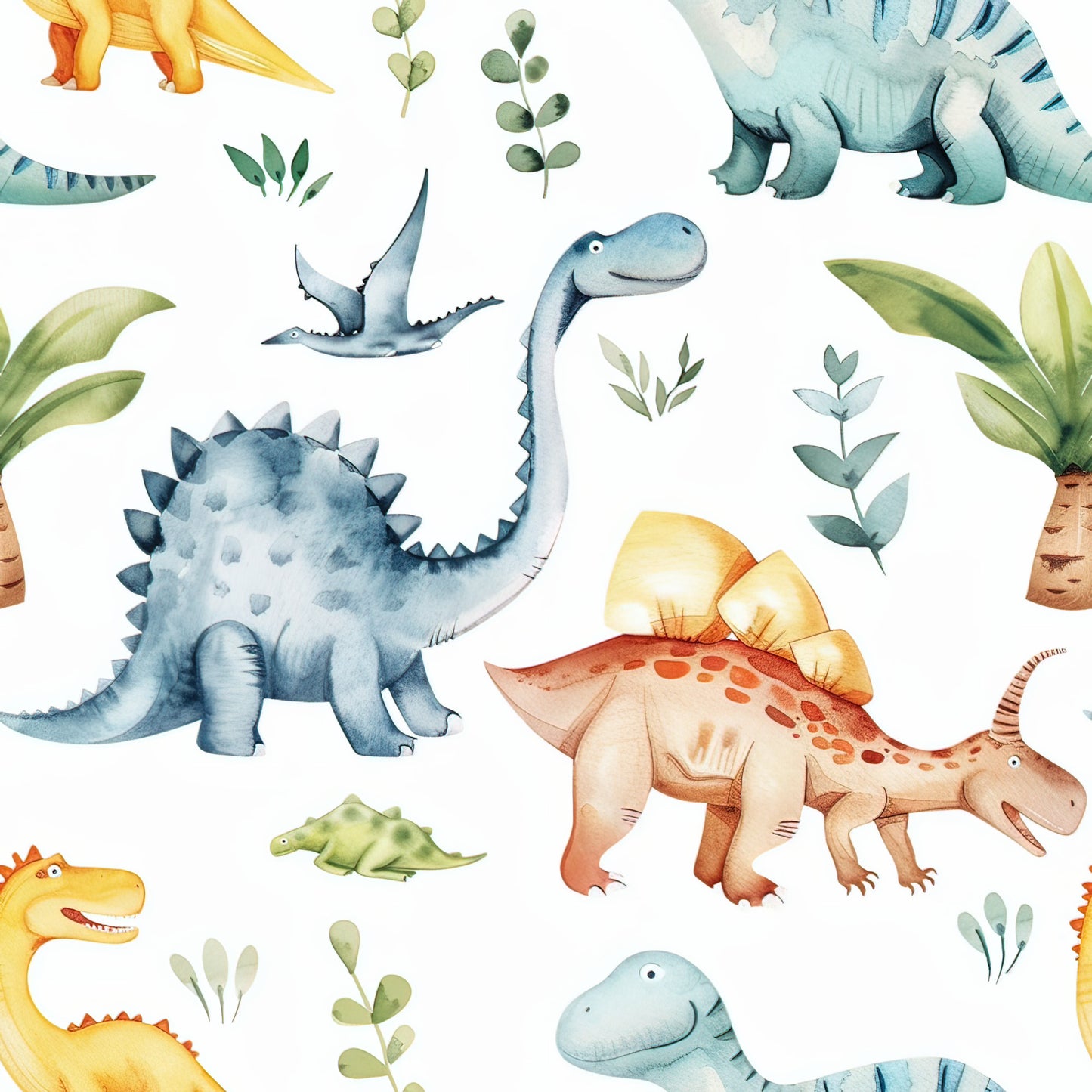 watercolor dinosaurs, quilting cotton, fabric panel, blue dinosaurs, yellow dinosaurs, orange dinosaurs, green foliage, botanical elements, children's fabric, prehistoric animals, stegosaurus, brontosaurus, pterodactyl, soft pastels, whimsical illustration, nursery fabric, kid's quilting, watercolor art style, seamless pattern, craft fabric