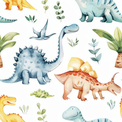watercolor dinosaurs, quilting cotton, fabric panel, blue dinosaurs, yellow dinosaurs, orange dinosaurs, green foliage, botanical elements, children's fabric, prehistoric animals, stegosaurus, brontosaurus, pterodactyl, soft pastels, whimsical illustration, nursery fabric, kid's quilting, watercolor art style, seamless pattern, craft fabric