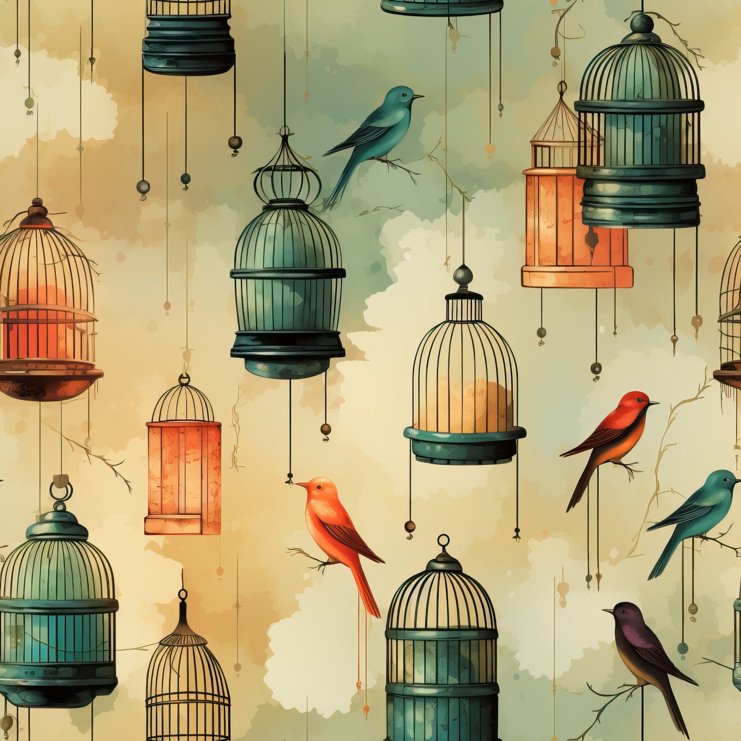 vintage birdcages, colorful birds, hanging cages, teal, orange, coral, cream background, whimsical illustration, quilting cotton, fabric panel, decorative chains, ornate cages, multiple birds, artistic pattern, soft pastels, detailed artwork, nature motif, craft fabric, sewing material