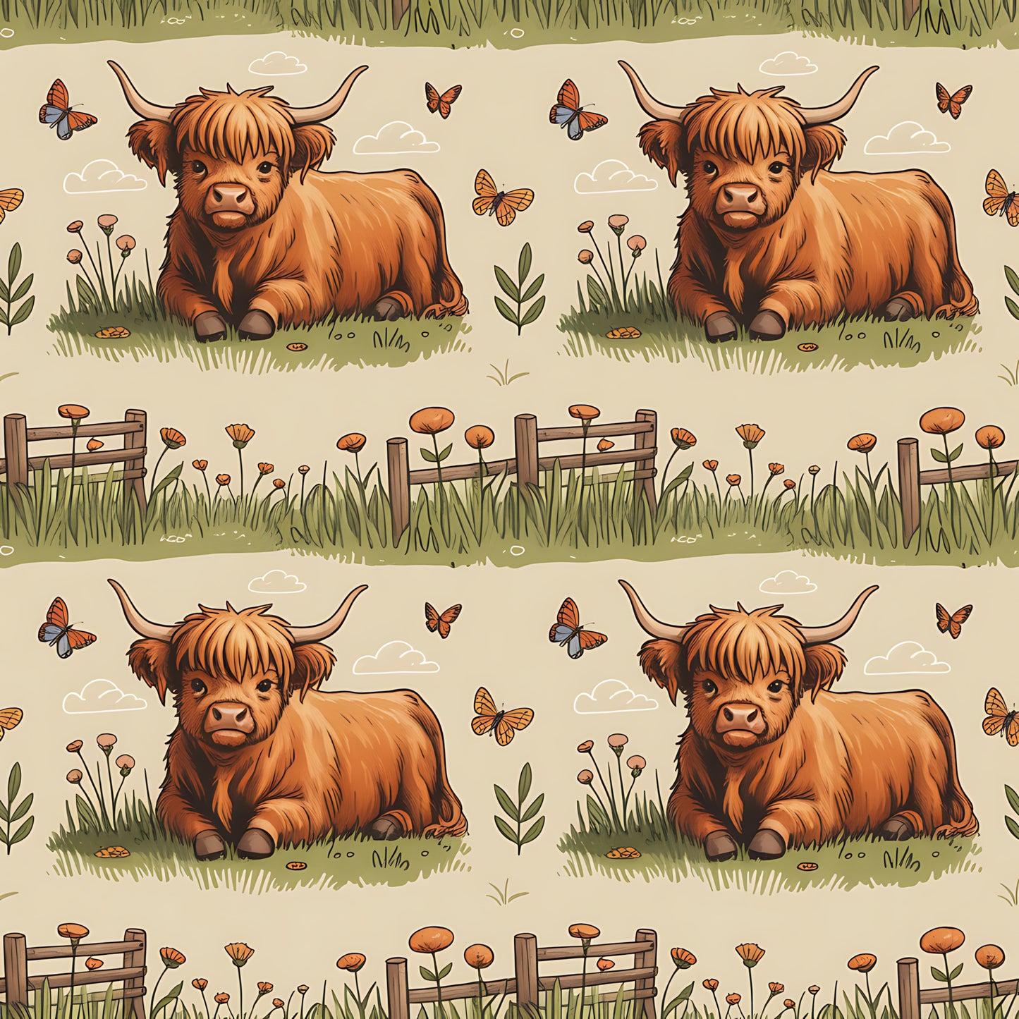 Cartoon Highland Cows Pattern 15 Quilting Cotton Fabric