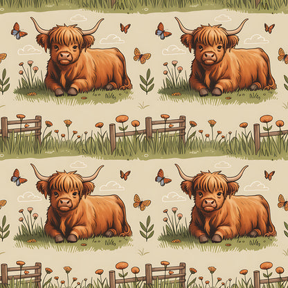 Cartoon Highland Cows Pattern 15 Quilting Cotton Fabric