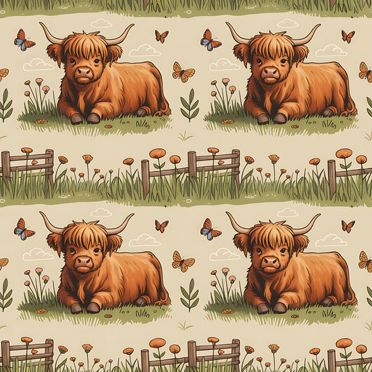 Cartoon Highland Cows Pattern 15 Quilting Cotton Fabric