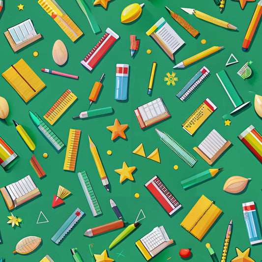 green background, school supplies, pencils, rulers, notebooks, scissors, stars, geometric shapes, leaves, scattered pattern, back to school, educational theme, quilting cotton, fabric panel, bright colors, yellow accents, red details, orange elements, blue items, stationery motif, academic supplies