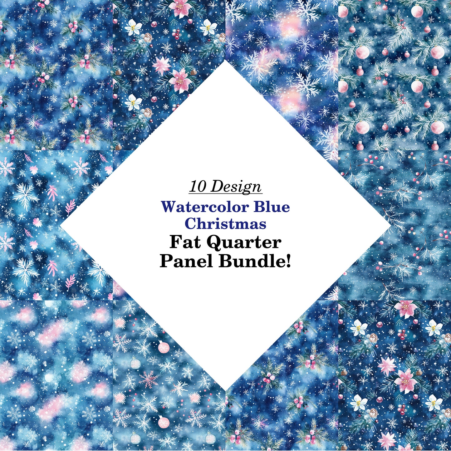 Watercolor Blue Christmas Fat Quarter Bundle