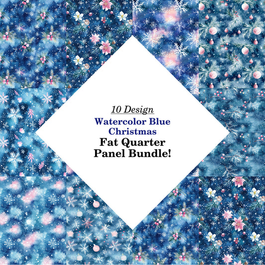 Watercolor Blue Christmas Fat Quarter Bundle