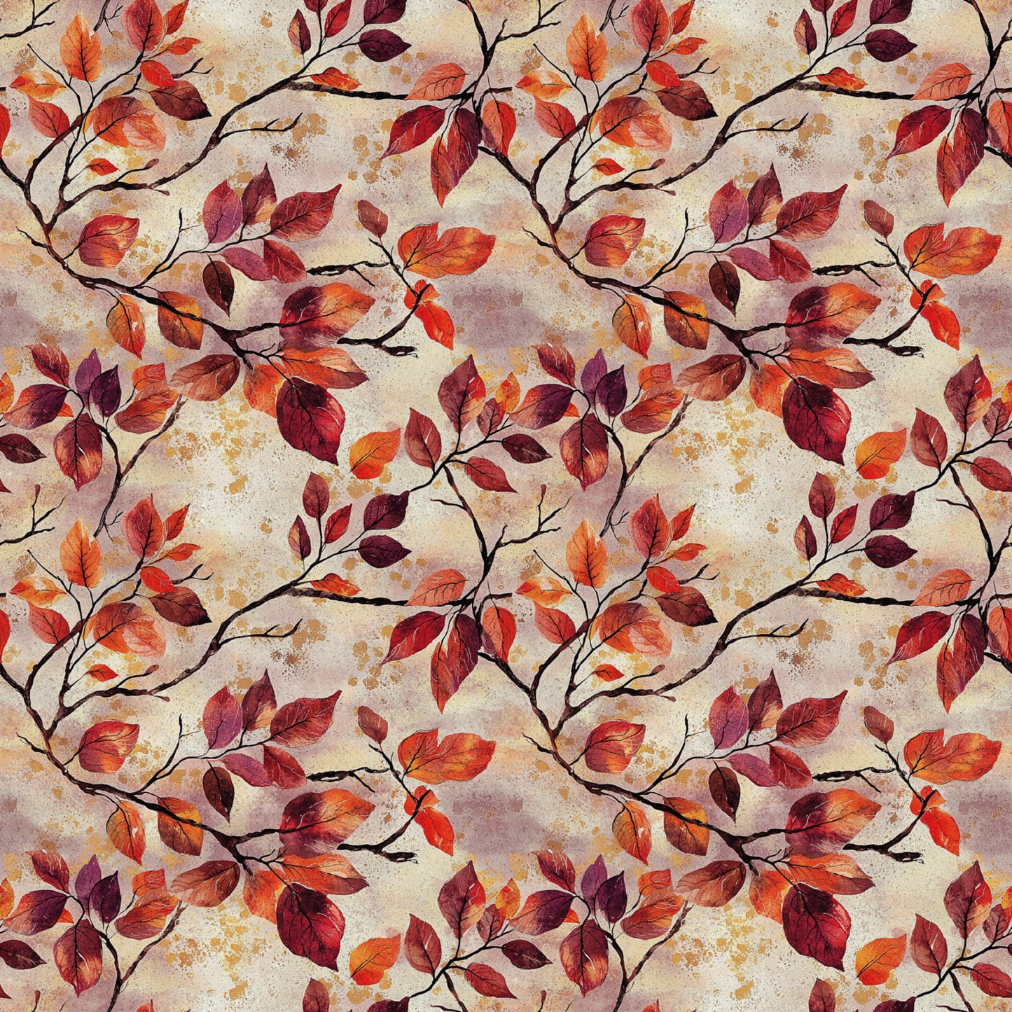 autumn leaves, fall foliage, burgundy, crimson, orange, rust, brown, beige, branching pattern, botanical design, leaf motif, seasonal fabric, quilting cotton, fabric panel, watercolor style, vintage texture, nature inspired, warm tones, repeating pattern, organic branches