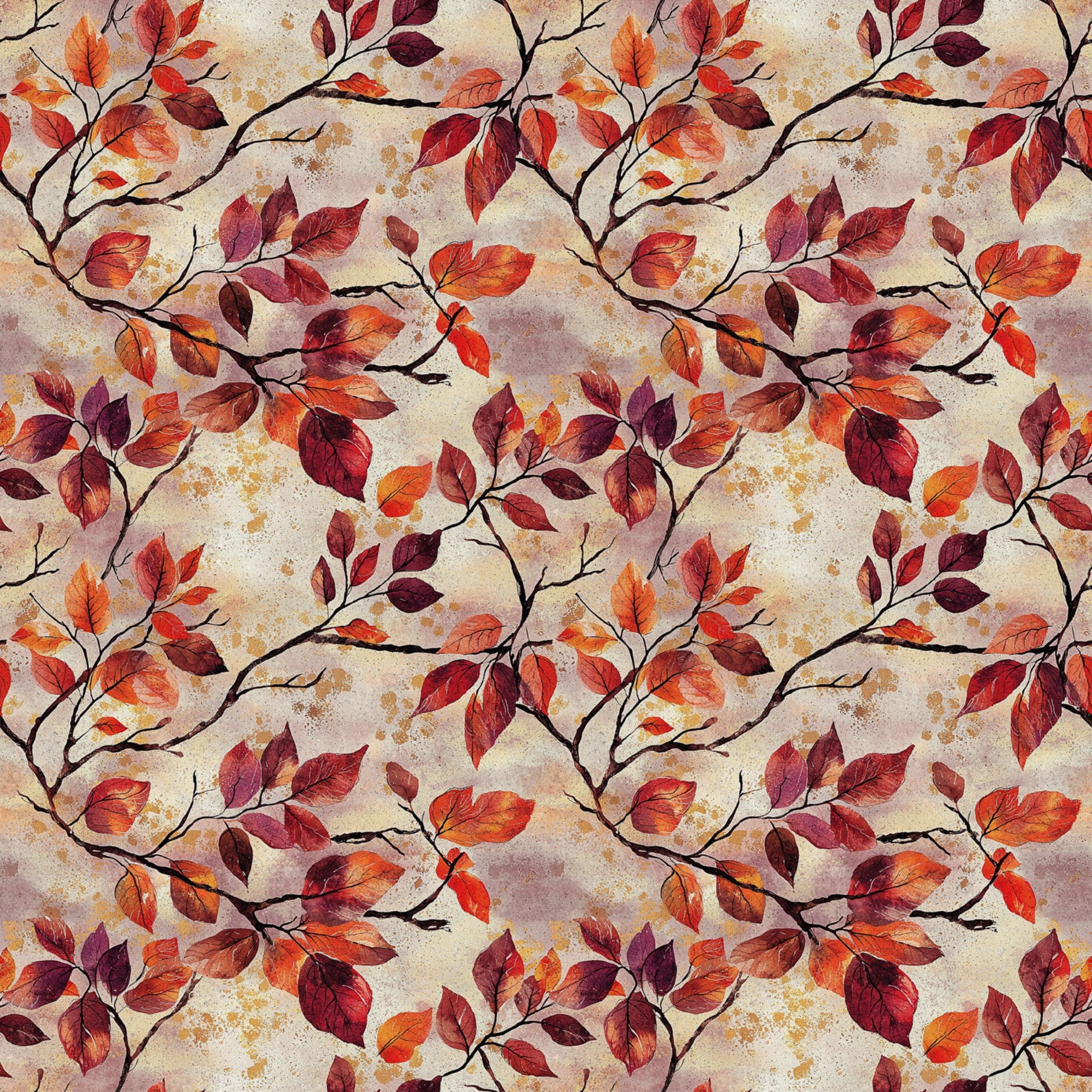 autumn leaves, fall foliage, burgundy, crimson, orange, rust, brown, beige, branching pattern, botanical design, leaf motif, seasonal fabric, quilting cotton, fabric panel, watercolor style, vintage texture, nature inspired, warm tones, repeating pattern, organic branches