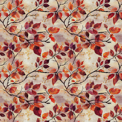 autumn leaves, fall foliage, burgundy, crimson, orange, rust, brown, beige, branching pattern, botanical design, leaf motif, seasonal fabric, quilting cotton, fabric panel, watercolor style, vintage texture, nature inspired, warm tones, repeating pattern, organic branches