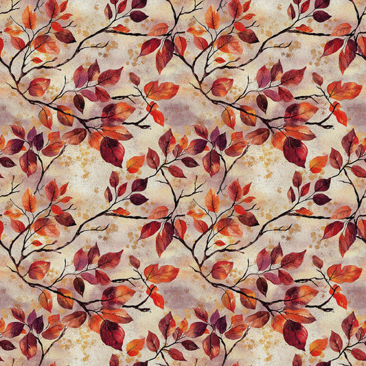 autumn leaves, fall foliage, burgundy, crimson, orange, rust, brown, beige, branching pattern, botanical design, leaf motif, seasonal fabric, quilting cotton, fabric panel, watercolor style, vintage texture, nature inspired, warm tones, repeating pattern, organic branches