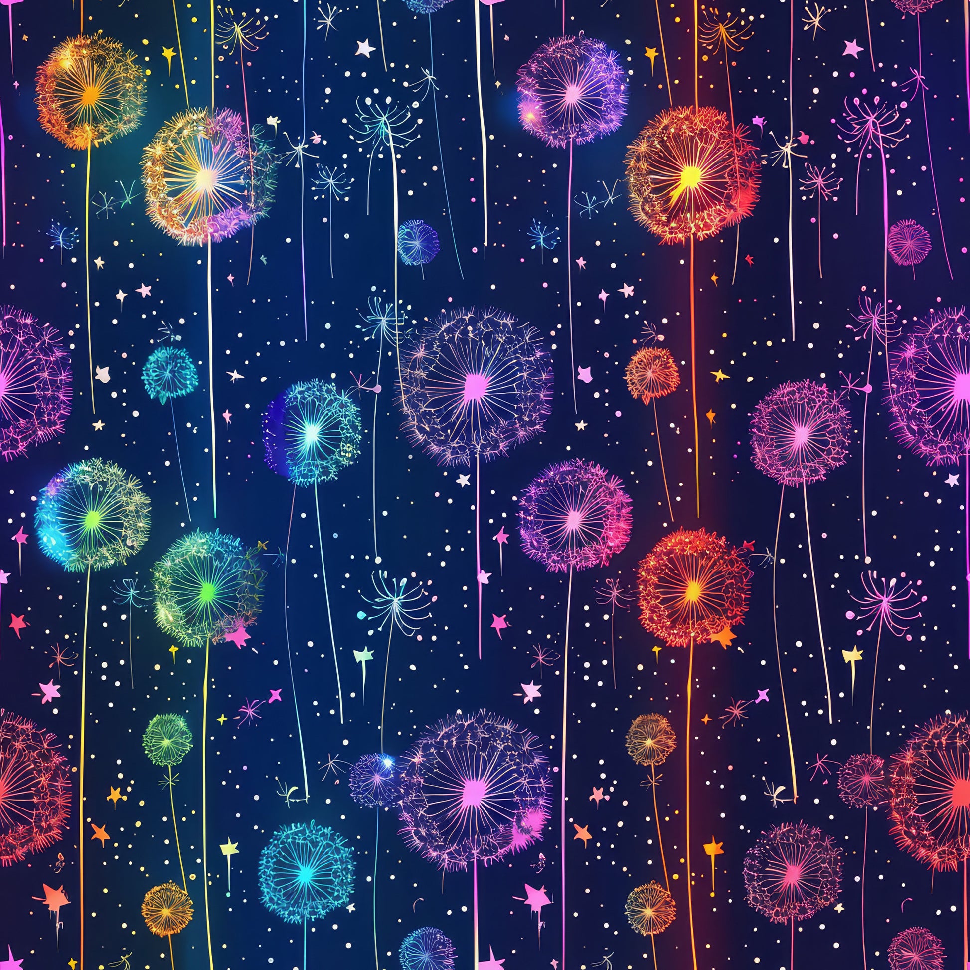 midnight blue, deep navy, bright pink, turquoise, orange, yellow, purple, dandelion seeds, whimsical flowers, botanical pattern, magical garden, fantasy florals, cotton fabric, quilting panel, starry night, floating seeds, vibrant colors, dreamy atmosphere, nature motif, seamless repeat