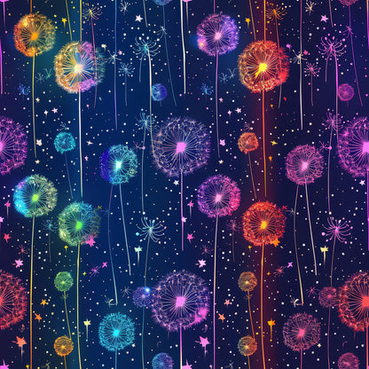 midnight blue, deep navy, bright pink, turquoise, orange, yellow, purple, dandelion seeds, whimsical flowers, botanical pattern, magical garden, fantasy florals, cotton fabric, quilting panel, starry night, floating seeds, vibrant colors, dreamy atmosphere, nature motif, seamless repeat