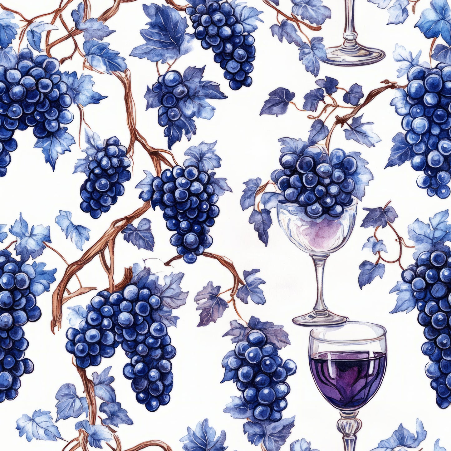 deep blue, purple, navy blue, wine glasses, grape clusters, grape vines, vineyard theme, botanical pattern, watercolor style, wine theme, grapevines, fruit motif, quilting cotton, fabric panel, white background, brown vines, leaf patterns, wine imagery, repeating pattern, artistic illustration