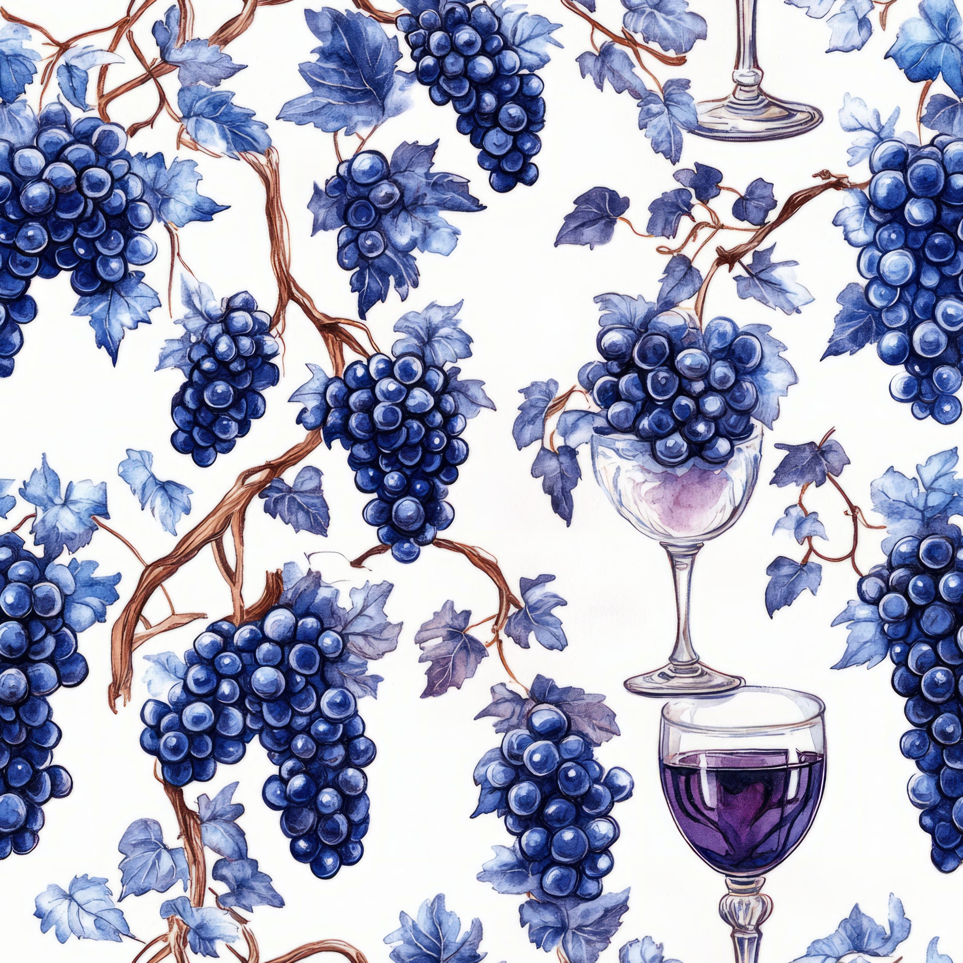 deep blue, purple, navy blue, wine glasses, grape clusters, grape vines, vineyard theme, botanical pattern, watercolor style, wine theme, grapevines, fruit motif, quilting cotton, fabric panel, white background, brown vines, leaf patterns, wine imagery, repeating pattern, artistic illustration