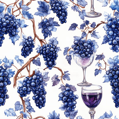 deep blue, purple, navy blue, wine glasses, grape clusters, grape vines, vineyard theme, botanical pattern, watercolor style, wine theme, grapevines, fruit motif, quilting cotton, fabric panel, white background, brown vines, leaf patterns, wine imagery, repeating pattern, artistic illustration