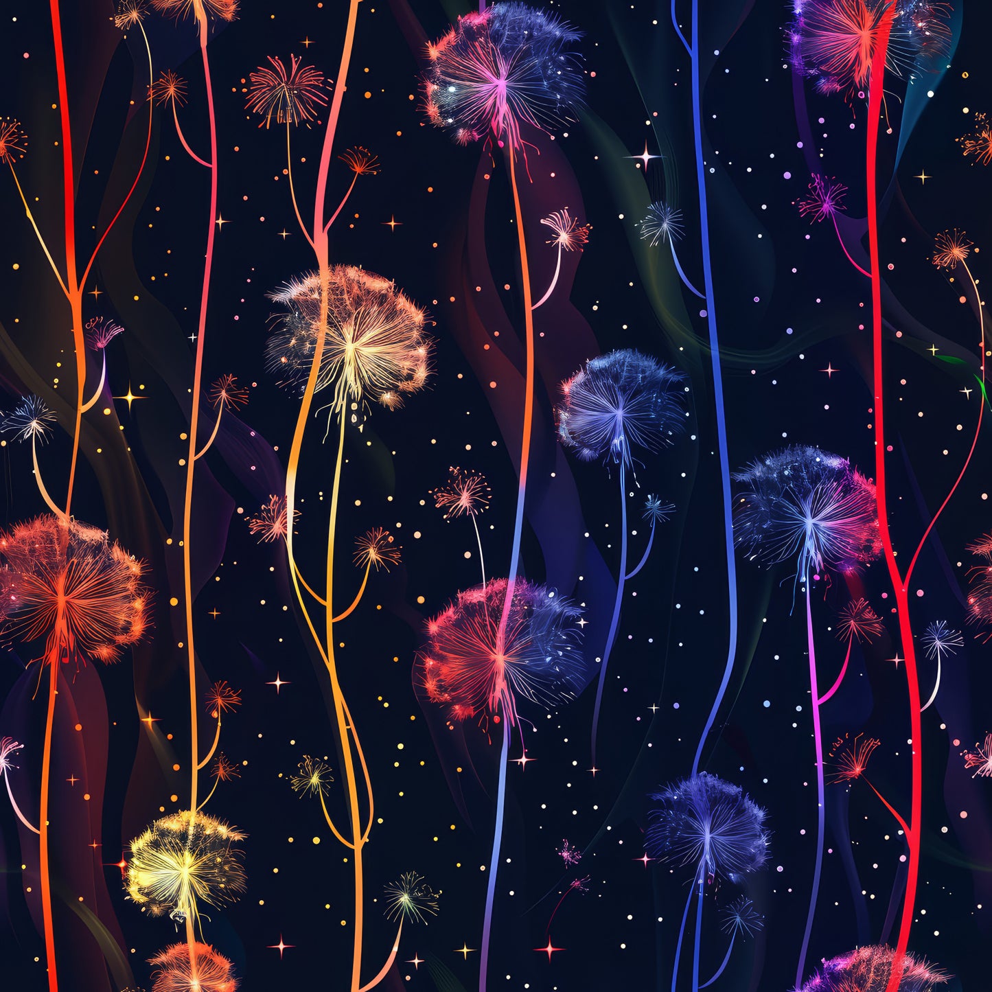 midnight navy, deep blue, orange, pink, purple, yellow, dandelion seeds, floating seeds, whimsical florals, botanical pattern, night sky, starry background, dreamy design, nature motif, quilting cotton, fabric panel, enchanted garden, magical atmosphere, flowing stems, delicate seedheads