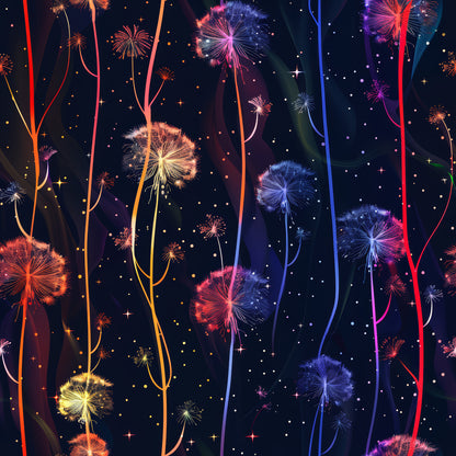 midnight navy, deep blue, orange, pink, purple, yellow, dandelion seeds, floating seeds, whimsical florals, botanical pattern, night sky, starry background, dreamy design, nature motif, quilting cotton, fabric panel, enchanted garden, magical atmosphere, flowing stems, delicate seedheads