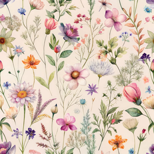wildflowers, botanical pattern, watercolor style, delicate florals, cream background, purple flowers, pink blooms, orange blossoms, blue petals, green leaves, meadow flowers, nature motif, whimsical design, quilting cotton, fabric panel, soft pastels, scattered florals, garden theme, artistic illustration, feminine colors