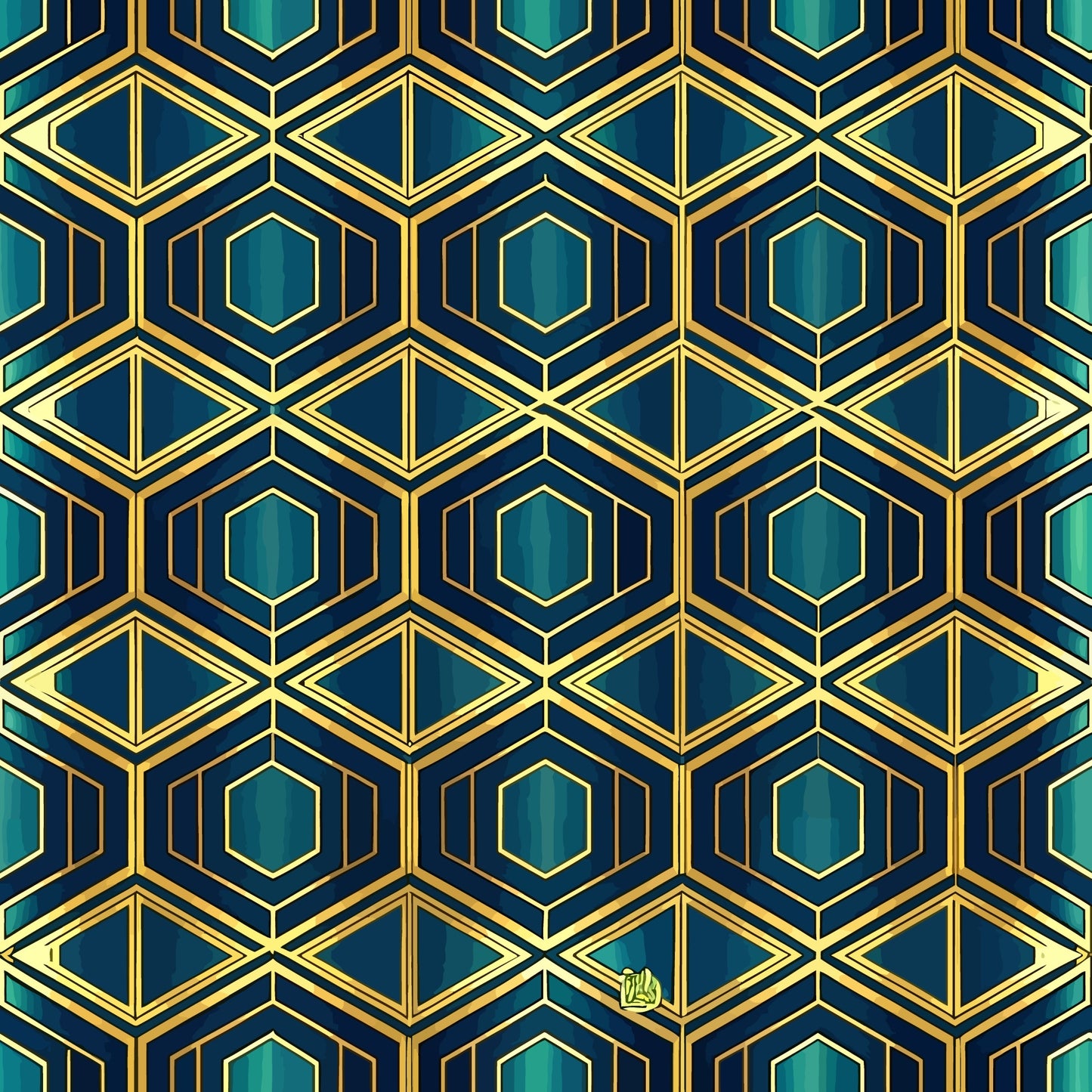 navy blue, teal, emerald green, gold accents, geometric pattern, hexagonal shapes, diamond motifs, art deco style, repeating design, luxurious, elegant, symmetrical, quilting cotton, fabric panel, sophisticated, vintage inspired, angular lines, metallic highlights, jewel tones