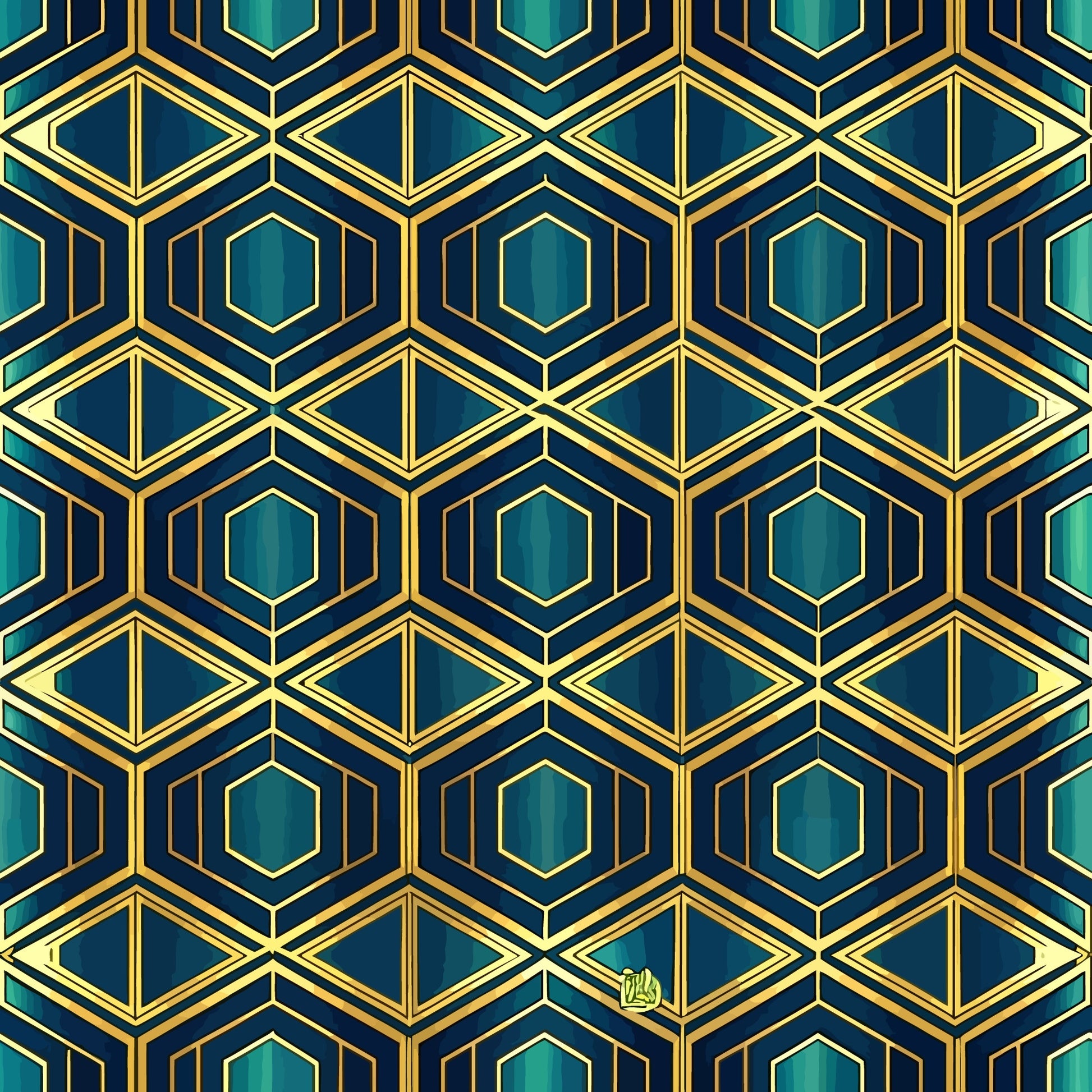 navy blue, teal, emerald green, gold accents, geometric pattern, hexagonal shapes, diamond motifs, art deco style, repeating design, luxurious, elegant, symmetrical, quilting cotton, fabric panel, sophisticated, vintage inspired, angular lines, metallic highlights, jewel tones