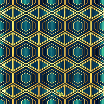 navy blue, teal, emerald green, gold accents, geometric pattern, hexagonal shapes, diamond motifs, art deco style, repeating design, luxurious, elegant, symmetrical, quilting cotton, fabric panel, sophisticated, vintage inspired, angular lines, metallic highlights, jewel tones
