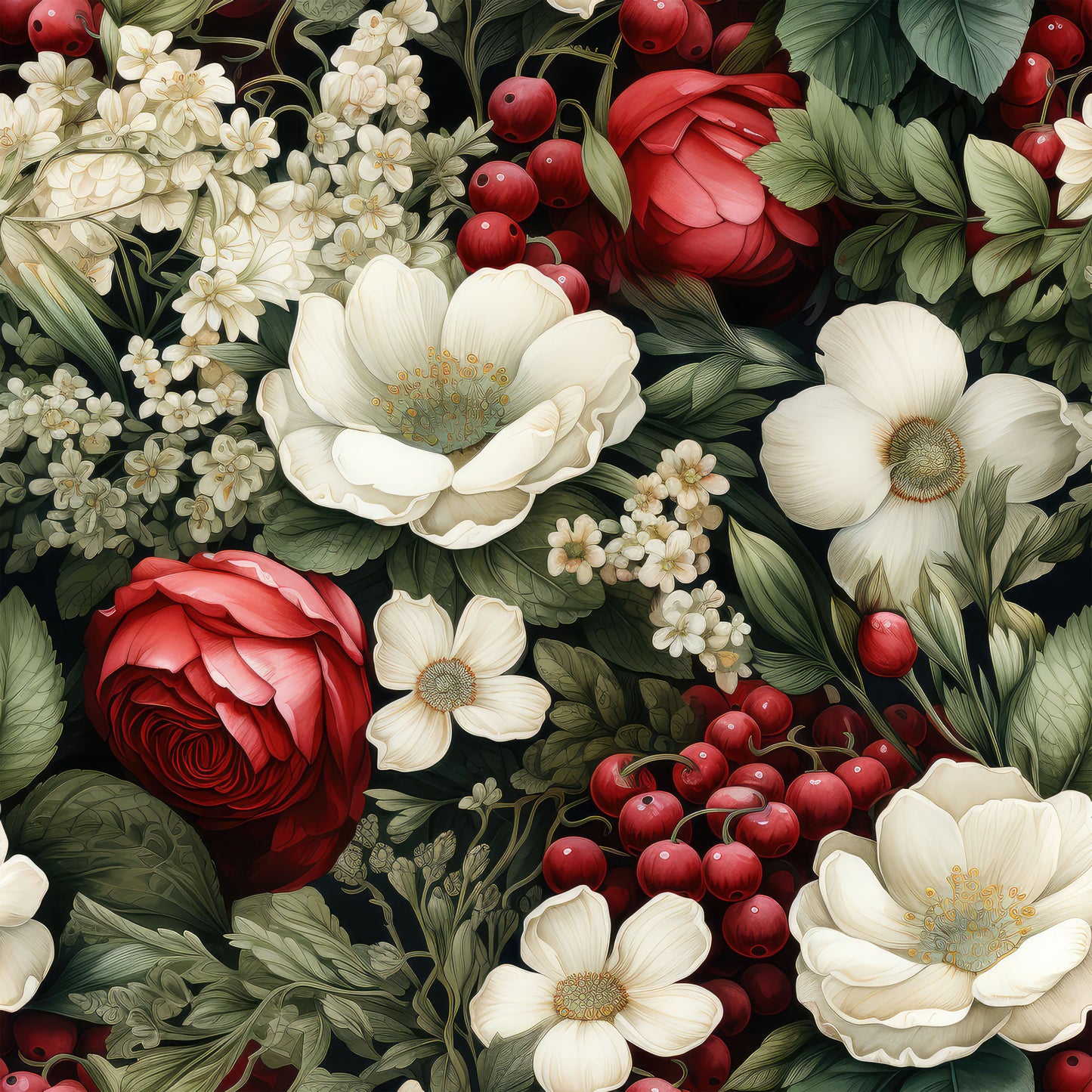 christmas florals, deep red roses, cream white flowers, burgundy berries, forest green leaves, botanical pattern, holiday floral, quilting cotton, fabric panel, vintage style, elegant blooms, festive colors, winter florals, red cranberries, ivory petals, moody background, layered florals, seasonal botanicals, rich textures, holiday quilting