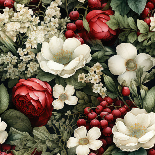christmas florals, deep red roses, cream white flowers, burgundy berries, forest green leaves, botanical pattern, holiday floral, quilting cotton, fabric panel, vintage style, elegant blooms, festive colors, winter florals, red cranberries, ivory petals, moody background, layered florals, seasonal botanicals, rich textures, holiday quilting