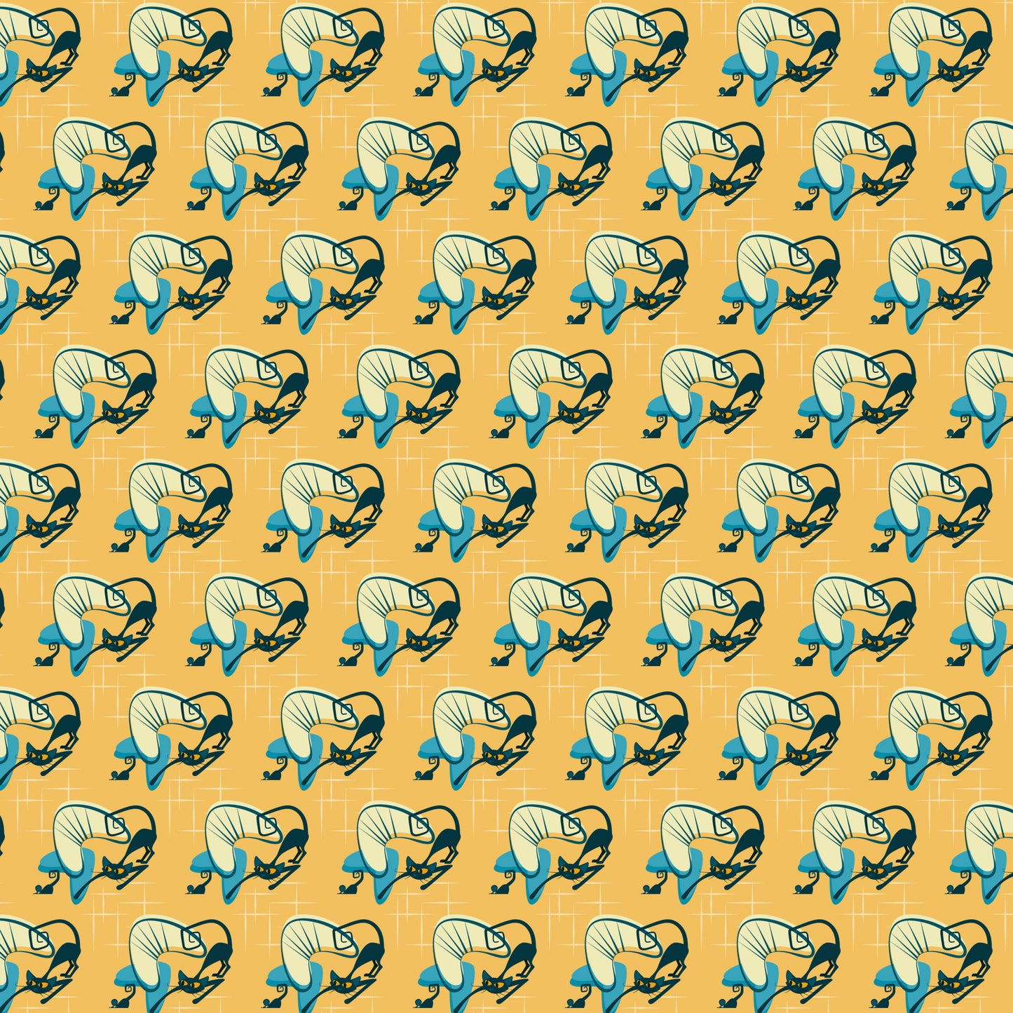 orange background, teal blue, cream white, black outlines, cats, kitty pattern, sleeping cats, curled up cats, atomic style, mid-century modern, retro design, geometric grid, repetitive pattern, quilting cotton, fabric panel, vintage aesthetic, stylized animals, decorative motifs, craft fabric, sewing material