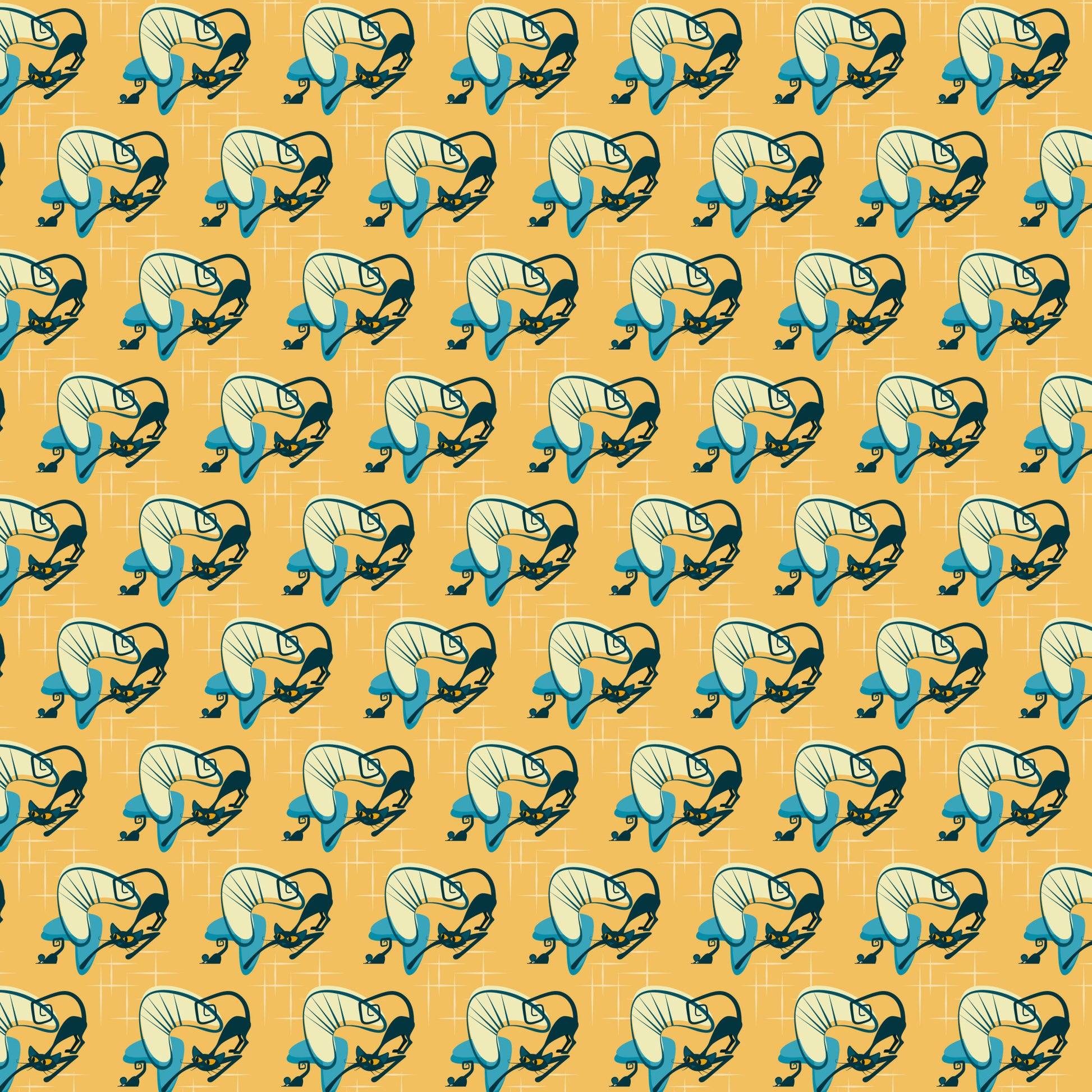 orange background, teal blue, cream white, black outlines, cats, kitty pattern, sleeping cats, curled up cats, atomic style, mid-century modern, retro design, geometric grid, repetitive pattern, quilting cotton, fabric panel, vintage aesthetic, stylized animals, decorative motifs, craft fabric, sewing material