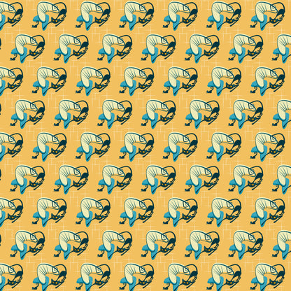 orange background, teal blue, cream white, black outlines, cats, kitty pattern, sleeping cats, curled up cats, atomic style, mid-century modern, retro design, geometric grid, repetitive pattern, quilting cotton, fabric panel, vintage aesthetic, stylized animals, decorative motifs, craft fabric, sewing material