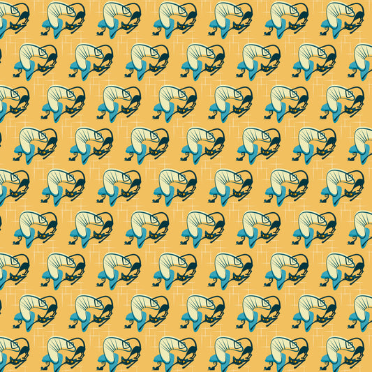 orange background, teal blue, cream white, black outlines, cats, kitty pattern, sleeping cats, curled up cats, atomic style, mid-century modern, retro design, geometric grid, repetitive pattern, quilting cotton, fabric panel, vintage aesthetic, stylized animals, decorative motifs, craft fabric, sewing material
