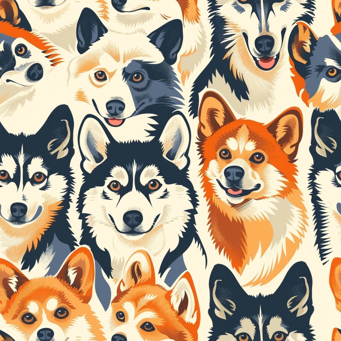 dog faces, canine portraits, orange, cream, black, navy blue, animal pattern, pet illustration, quilting cotton, fabric panel, playful mood, cute dogs, mixed breeds, realistic style, friendly expressions, warm colors, craft fabric, sewing material, repeating pattern, dog lover