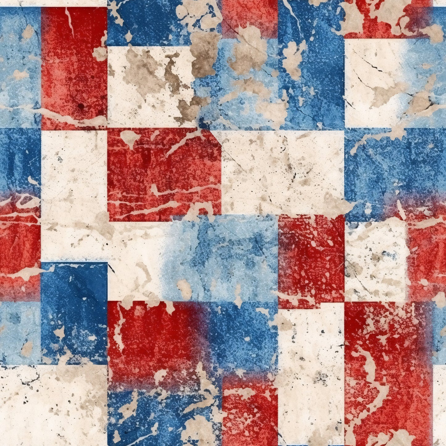 distressed, patriotic, red, blue, white, cream, weathered, vintage, worn, textured, rectangular blocks, patchwork, geometric, aged, faded, rustic, quilting cotton, fabric panel, americana, grunge effect