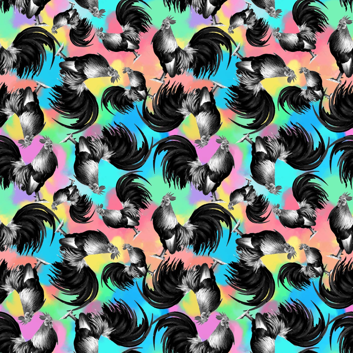 roosters, chickens, rainbow background, tie-dye colors, pink, blue, yellow, green, purple, black and white birds, repeating pattern, farm animals, whimsical design, colorful fabric, quilting cotton, fabric panel, psychedelic colors, barnyard theme, poultry motif, vibrant pattern