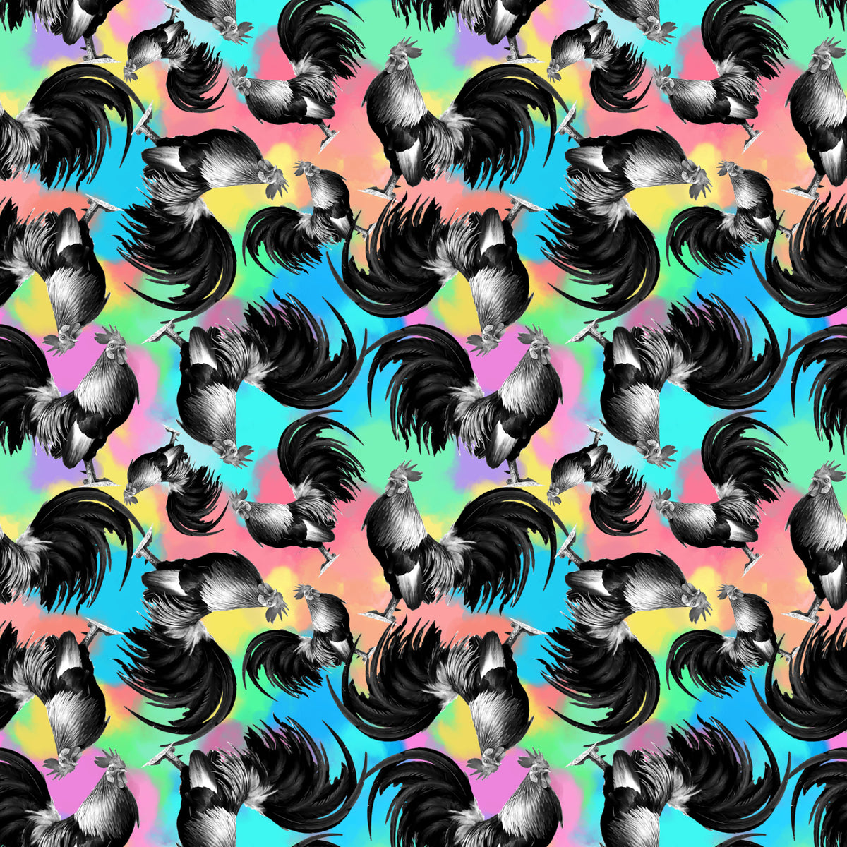 roosters, chickens, rainbow background, tie-dye colors, pink, blue, yellow, green, purple, black and white birds, repeating pattern, farm animals, whimsical design, colorful fabric, quilting cotton, fabric panel, psychedelic colors, barnyard theme, poultry motif, vibrant pattern