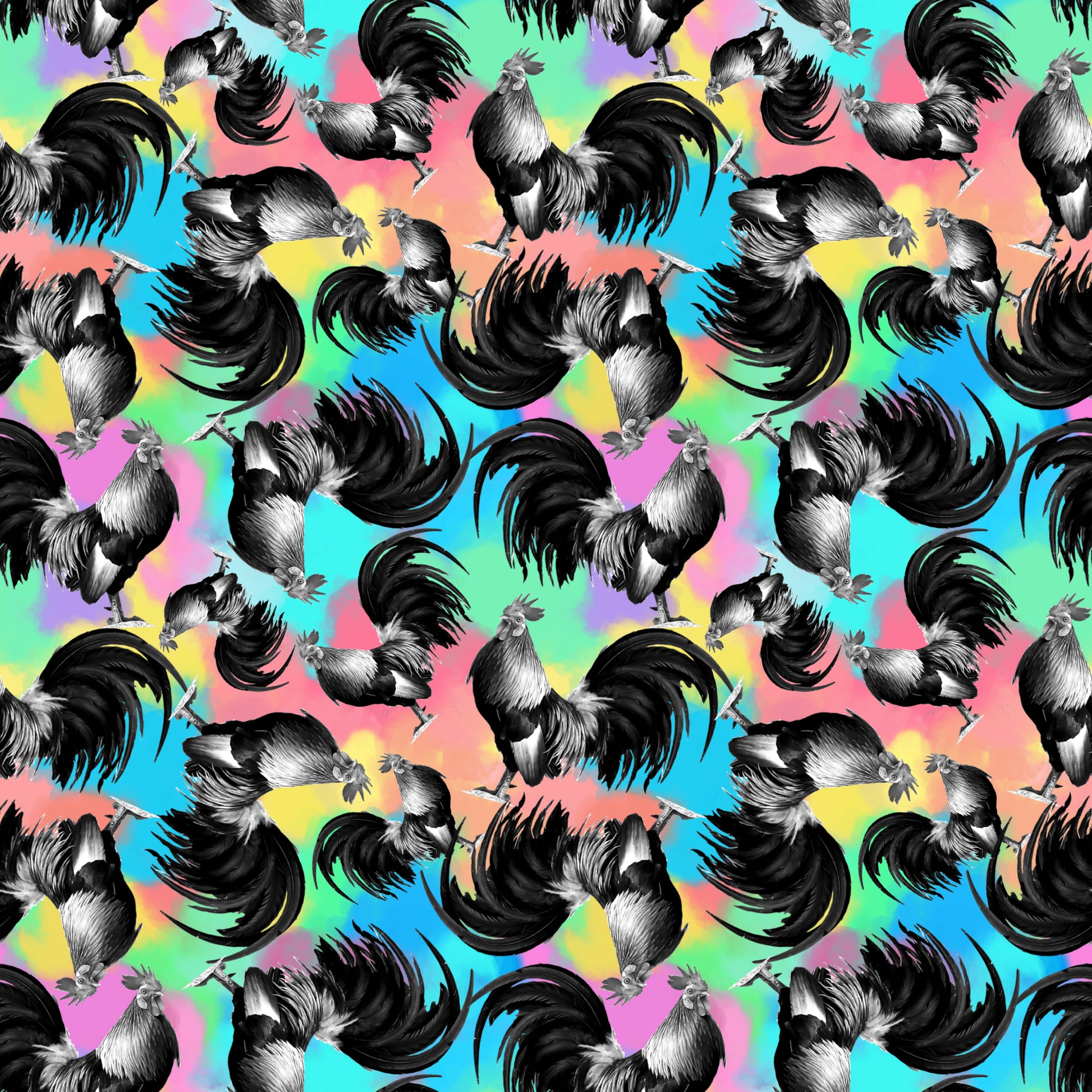 roosters, chickens, rainbow background, tie-dye colors, pink, blue, yellow, green, purple, black and white birds, repeating pattern, farm animals, whimsical design, colorful fabric, quilting cotton, fabric panel, psychedelic colors, barnyard theme, poultry motif, vibrant pattern