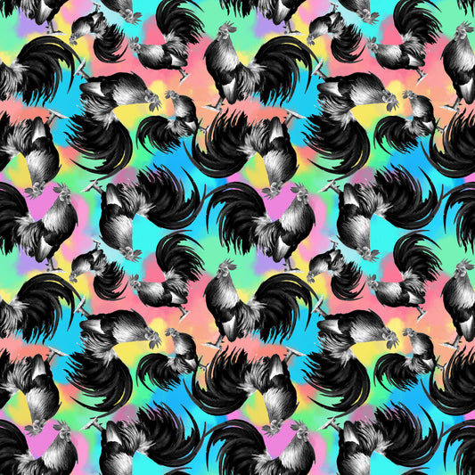 roosters, chickens, rainbow background, tie-dye colors, pink, blue, yellow, green, purple, black and white birds, repeating pattern, farm animals, whimsical design, colorful fabric, quilting cotton, fabric panel, psychedelic colors, barnyard theme, poultry motif, vibrant pattern