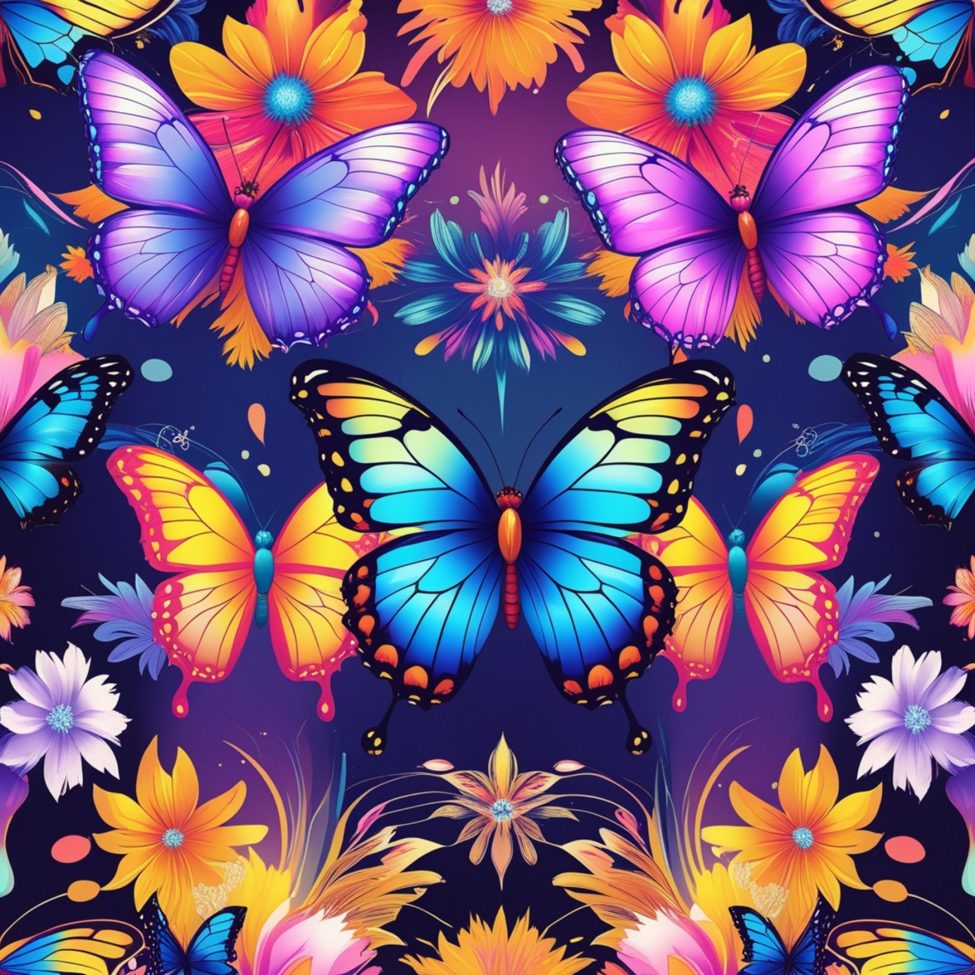 butterflies, purple background, blue wings, orange flowers, yellow blooms, pink petals, gradient wings, fantasy pattern, quilting cotton, fabric panel, tropical colors, floral motif, vibrant hues, kaleidoscope design, nature theme, spring elements, colorful insects, artistic butterflies, decorative flowers, bright palette