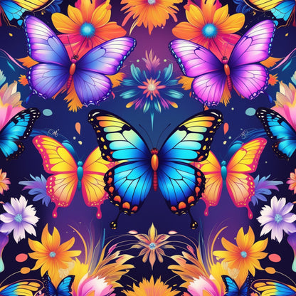 butterflies, purple background, blue wings, orange flowers, yellow blooms, pink petals, gradient wings, fantasy pattern, quilting cotton, fabric panel, tropical colors, floral motif, vibrant hues, kaleidoscope design, nature theme, spring elements, colorful insects, artistic butterflies, decorative flowers, bright palette