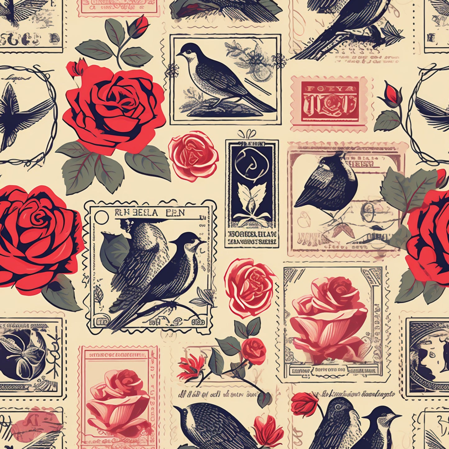 vintage stamps, postage stamps, red roses, black birds, ravens, cream background, beige, coral pink, botanical flowers, romantic pattern, quilting cotton, fabric panel, vintage style, love theme, floral motifs, bird illustrations, stamp collection, rose blooms, antique aesthetic, nostalgic design