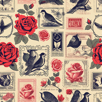 vintage stamps, postage stamps, red roses, black birds, ravens, cream background, beige, coral pink, botanical flowers, romantic pattern, quilting cotton, fabric panel, vintage style, love theme, floral motifs, bird illustrations, stamp collection, rose blooms, antique aesthetic, nostalgic design