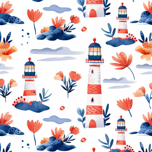 lighthouse, coral flowers, navy blue, red stripes, watercolor style, coastal theme, botanical elements, quilting cotton, fabric panel, spring pattern, maritime design, floral motifs, blue clouds, coral petals, nautical scene, repeating pattern, soft pastels, ocean inspired, cottage core, whimsical illustration
