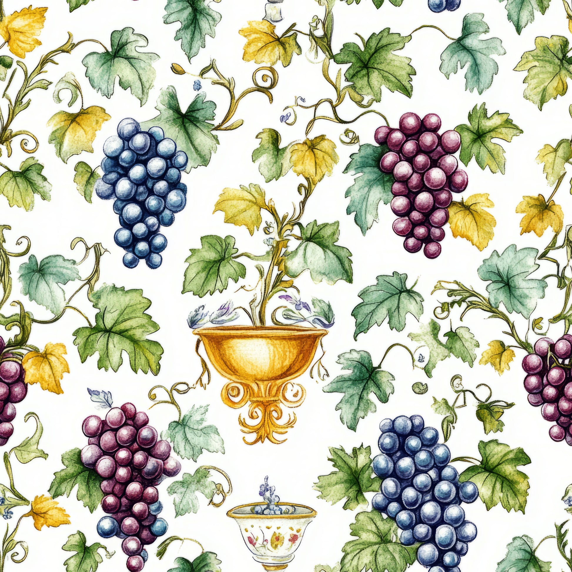 watercolor grapes, vineyard pattern, purple grapes, blue grapes, green leaves, yellow leaves, grapevines, ornate chalice, wine cup, botanical illustration, harvest theme, fruit motif, quilting cotton, fabric panel, white background, decorative vessels, autumn colors, wine country, artistic watercolor, repeating pattern