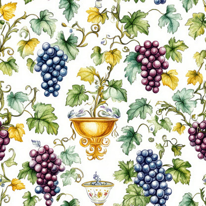 watercolor grapes, vineyard pattern, purple grapes, blue grapes, green leaves, yellow leaves, grapevines, ornate chalice, wine cup, botanical illustration, harvest theme, fruit motif, quilting cotton, fabric panel, white background, decorative vessels, autumn colors, wine country, artistic watercolor, repeating pattern