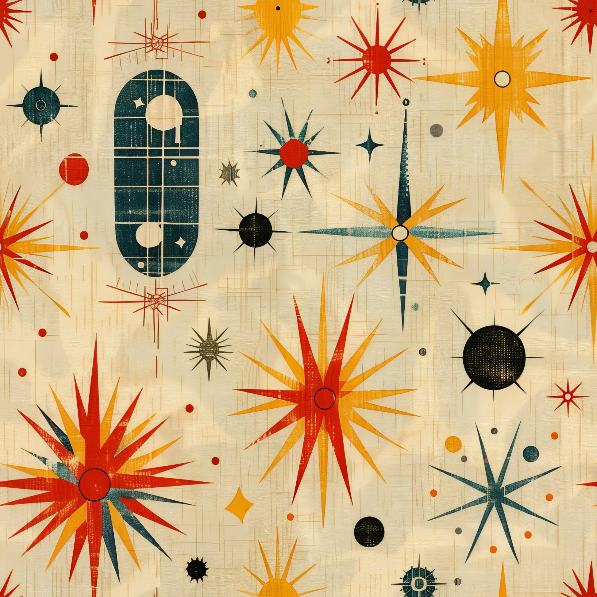 retro starburst, mid-century modern, atomic age, sunburst pattern, geometric shapes, orange, red, teal, yellow, black, cream background, starburst motifs, radiating lines, celestial design, vintage inspired, quilting cotton, fabric panel, modernist style, space age, decorative circles