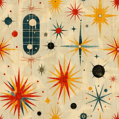 retro starburst, mid-century modern, atomic age, sunburst pattern, geometric shapes, orange, red, teal, yellow, black, cream background, starburst motifs, radiating lines, celestial design, vintage inspired, quilting cotton, fabric panel, modernist style, space age, decorative circles
