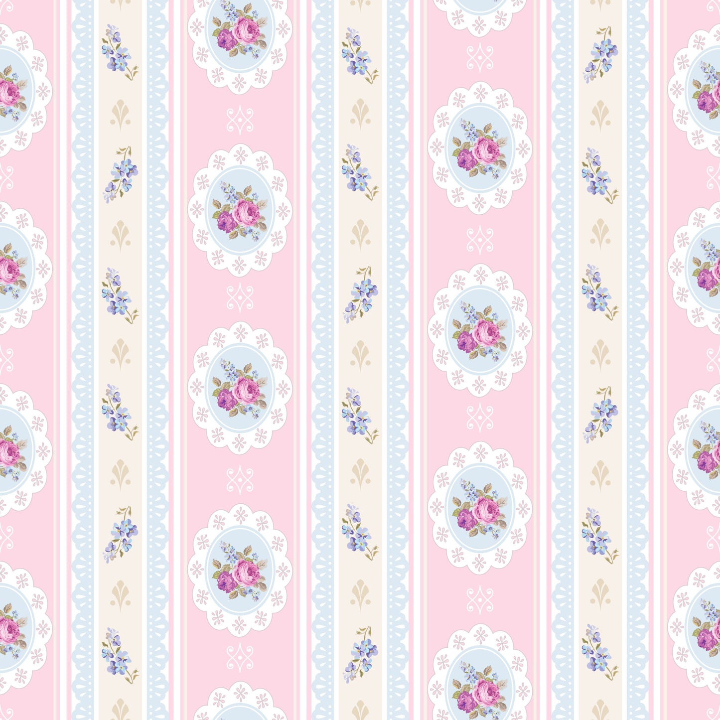 pink, cream, blue, floral, roses, tea party, vintage style, cottage core, shabby chic, stripes, medallions, quilting cotton, fabric panel, feminine, pastel colors, romantic, delicate flowers, scalloped edges, repeating pattern, soft pastels
