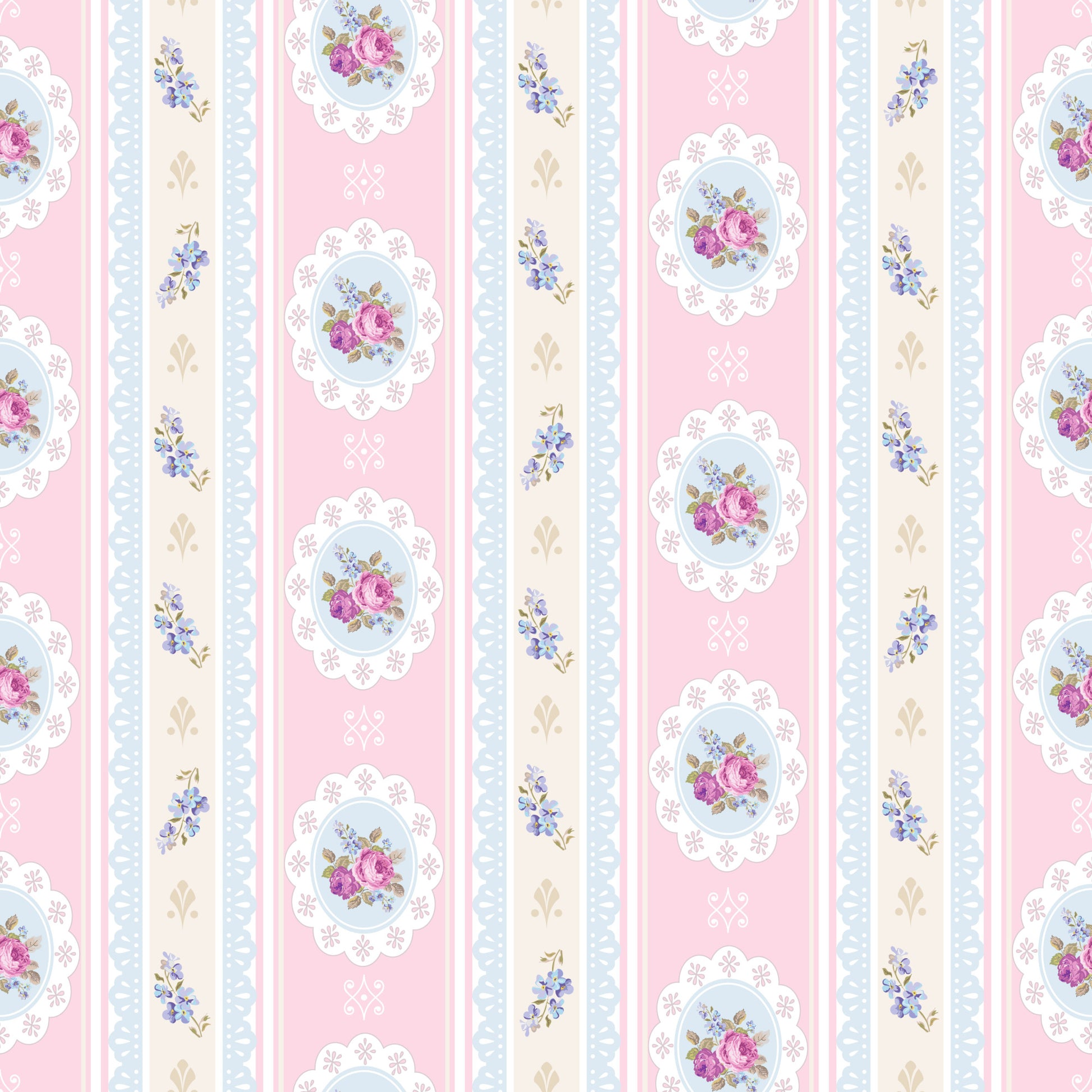 pink, cream, blue, floral, roses, tea party, vintage style, cottage core, shabby chic, stripes, medallions, quilting cotton, fabric panel, feminine, pastel colors, romantic, delicate flowers, scalloped edges, repeating pattern, soft pastels