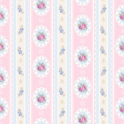 pink, cream, blue, floral, roses, tea party, vintage style, cottage core, shabby chic, stripes, medallions, quilting cotton, fabric panel, feminine, pastel colors, romantic, delicate flowers, scalloped edges, repeating pattern, soft pastels