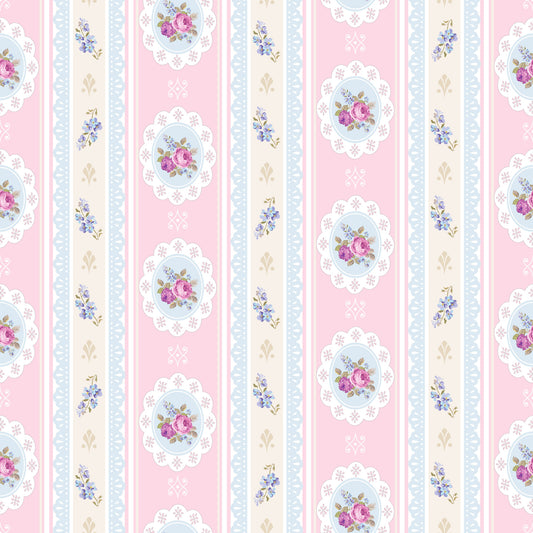 pink, cream, blue, floral, roses, tea party, vintage style, cottage core, shabby chic, stripes, medallions, quilting cotton, fabric panel, feminine, pastel colors, romantic, delicate flowers, scalloped edges, repeating pattern, soft pastels