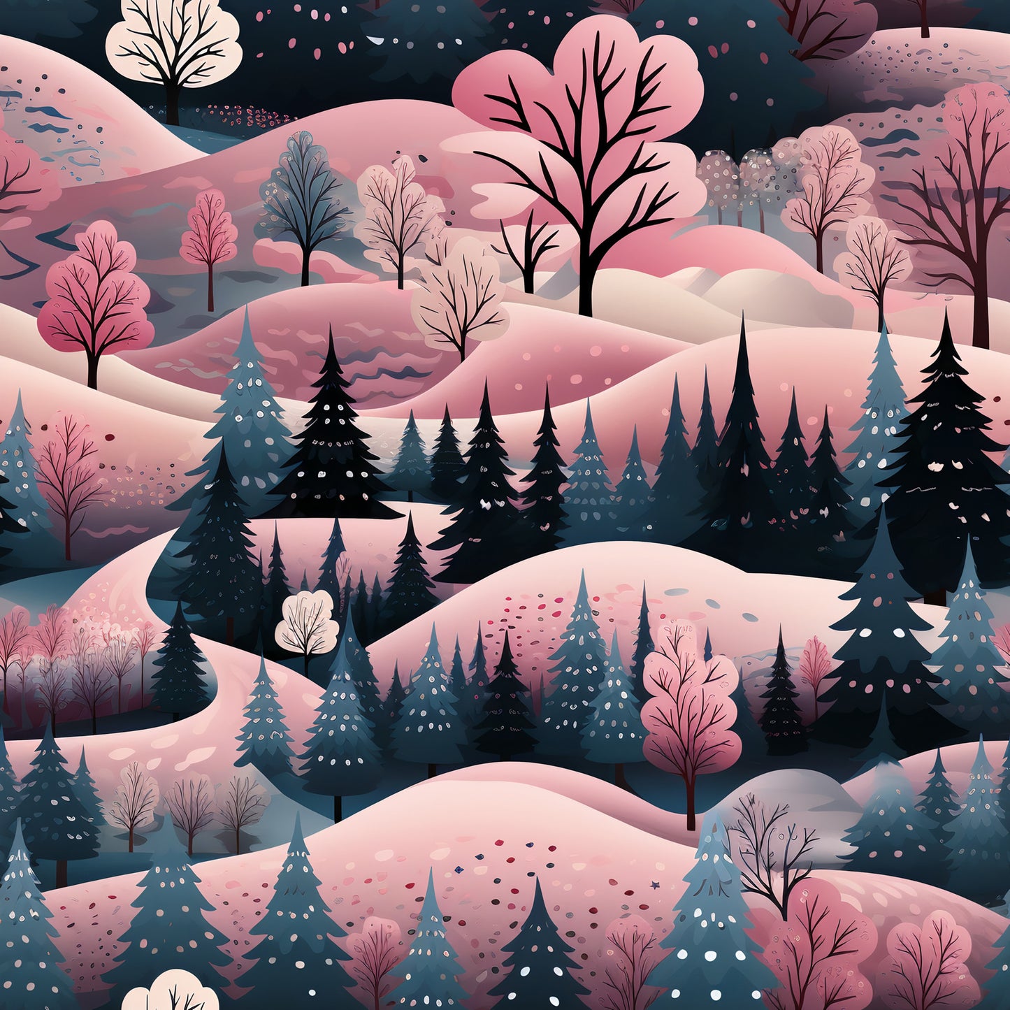 pink, coral, teal, navy, cream, winter landscape, snow covered hills, evergreen trees, deciduous trees, falling snow, rolling hills, forest scene, whimsical illustration, dreamy aesthetic, quilting cotton, fabric panel, christmas themed, winter wonderland, stylized trees, layered composition
